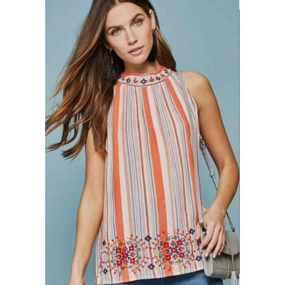 Savannah Jane Womens High‎ Neck Sleeveless Top Size Small Tunic Embroidered Trim